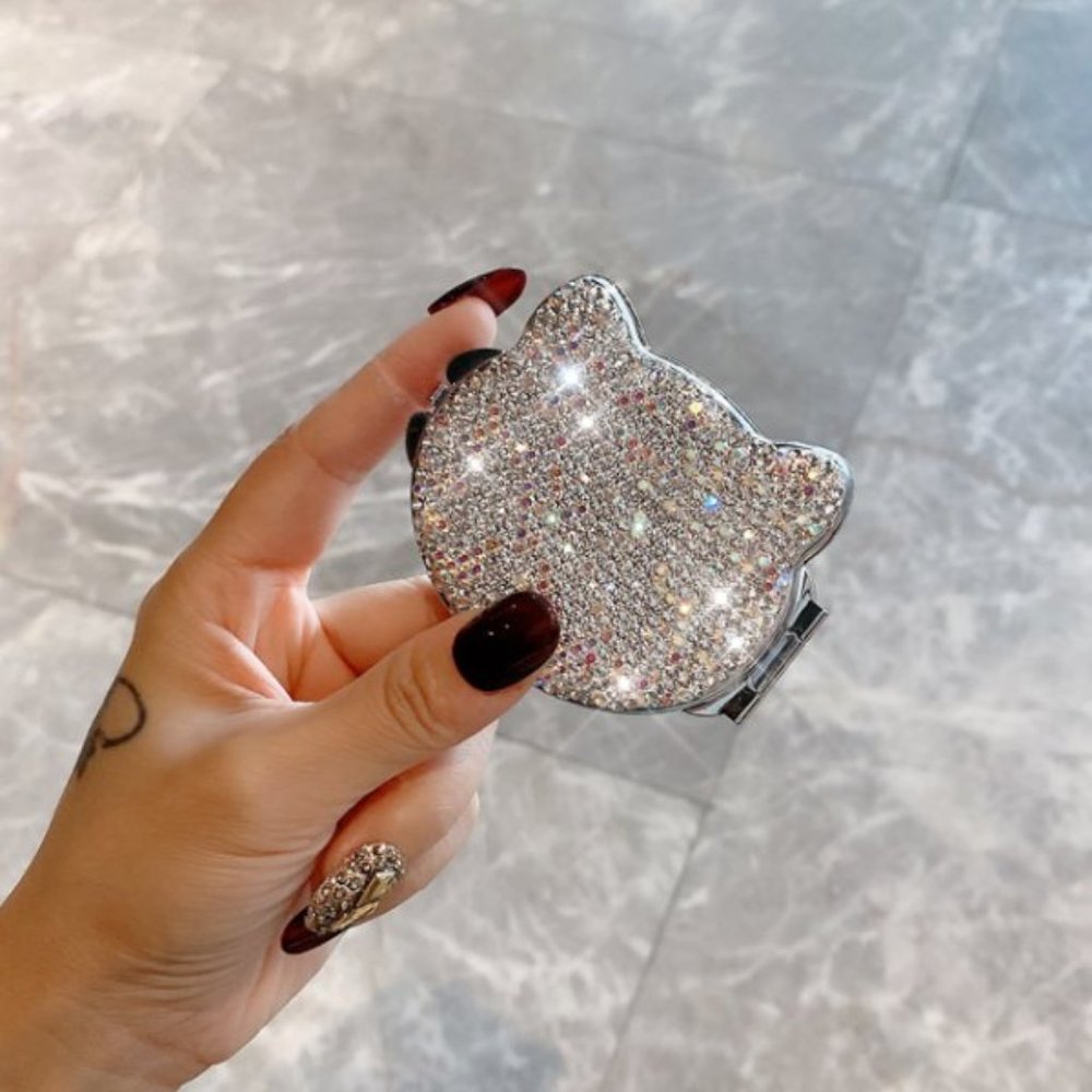 NWT Sparkling Bling Swarovski Crystal Rhinestone Cat Shape Compact Mirro… - Picture 1 of 5